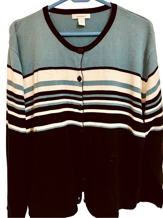 dressbarn Sweaters - Medium  Blue, Black & Ivory Striped Button-Up Cardigan for spring or summer.